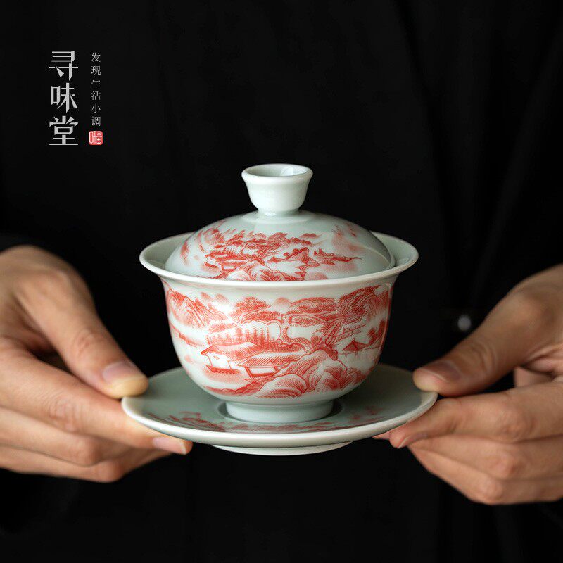 仿古泥矾红三才碗盖碗山水釉下彩茶碗复古中式青瓷陶瓷功夫茶具