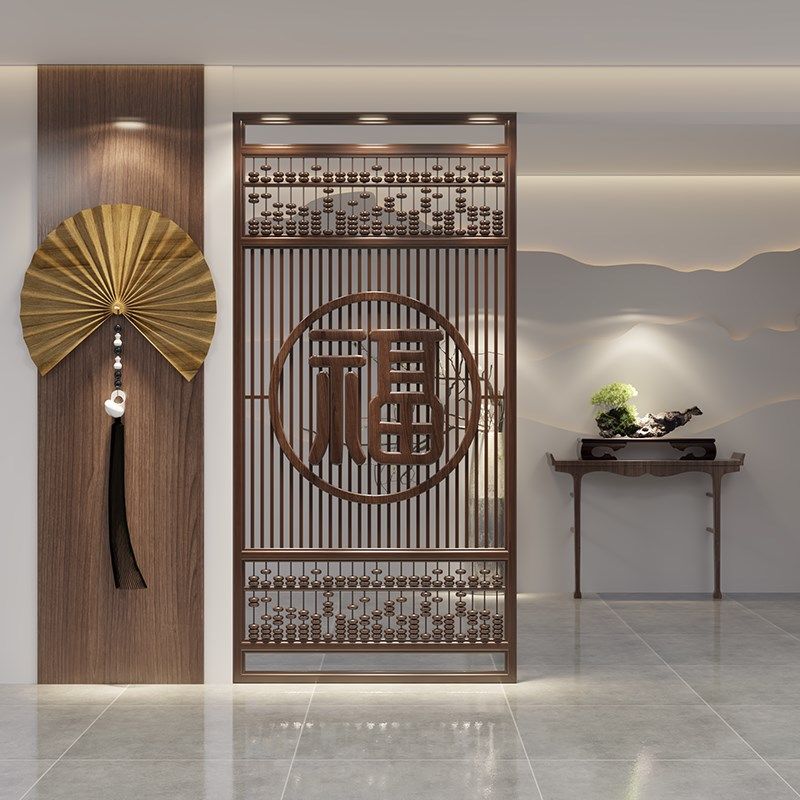 中式实木屏风隔断算盘造型镂空玄关入户遮挡客餐厅分隔企业背景墙