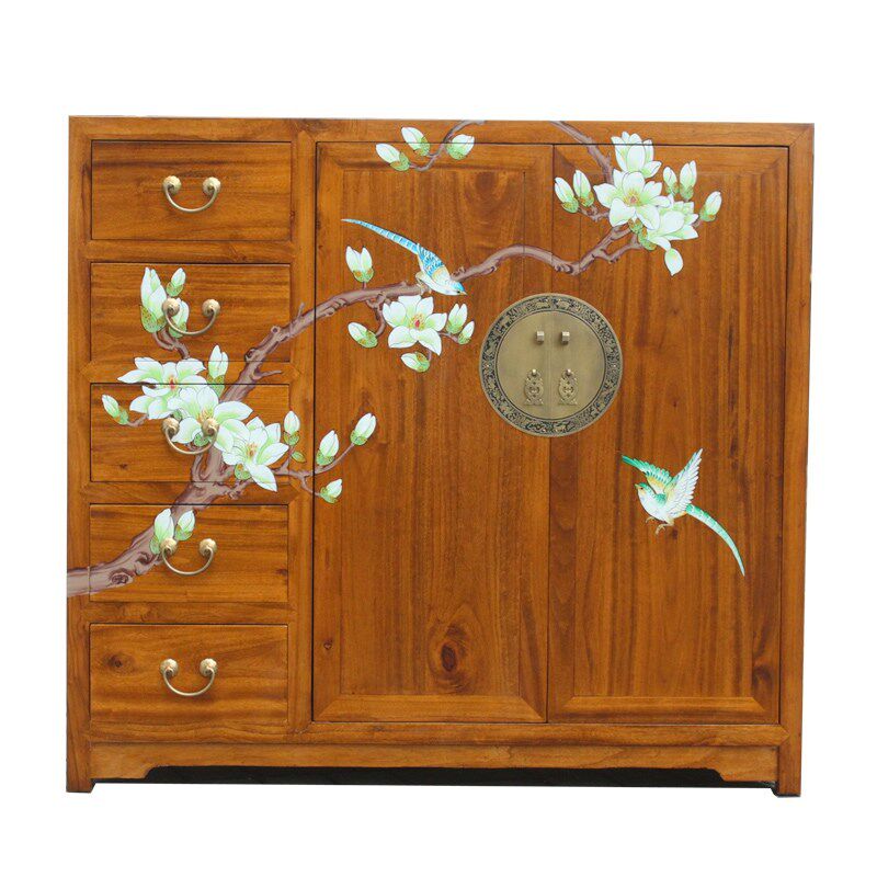 新中式香樟木小衣柜田园彩绘两门储物矮橱柜儿童卧室实木家具整体