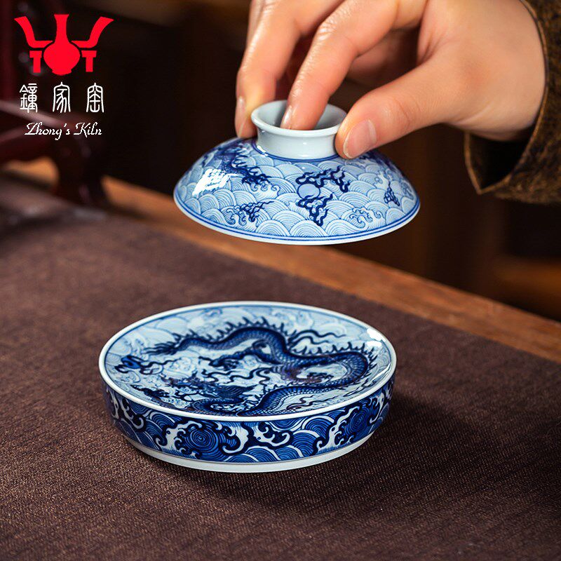 钟家窑陶瓷盖置景德镇柴窑青花手绘暗海水龙纹盖托壶盖托杯垫配件
