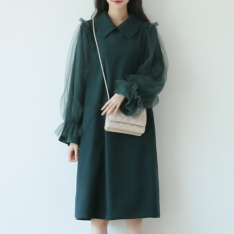suin2025春秋新款甜美宽松大码拼纱绿色娃娃领喇叭长袖连衣裙女