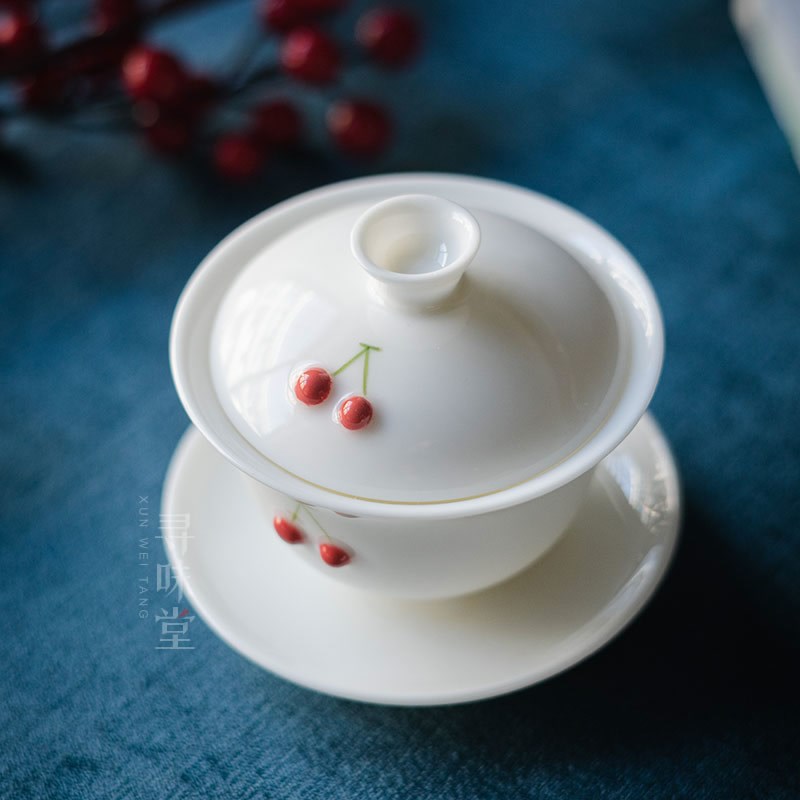 羊脂玉瓷樱桃礼盒套装高档白瓷家用中式陶瓷整套功夫茶具礼品