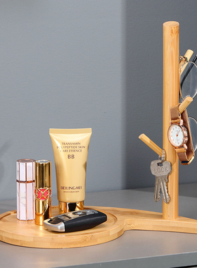 创意竹木实木挂钩架子放钥匙收纳摆件家居饰品入户门口装饰收纳盘