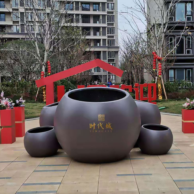 户外玻璃钢花盆组合简约圆形纤维白色花器球形种树金色大花钵定制