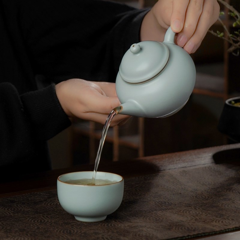 汝窑水平壶原矿陶瓷景德镇茶壶单壶家用复古手工汝瓷开片可养青瓷
