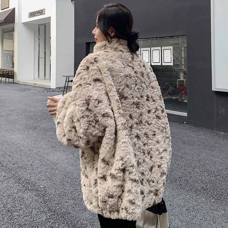 秋冬獭兔毛皮草立领毛毛外套女2022中长款宽松羊羔毛豹纹毛绒大衣