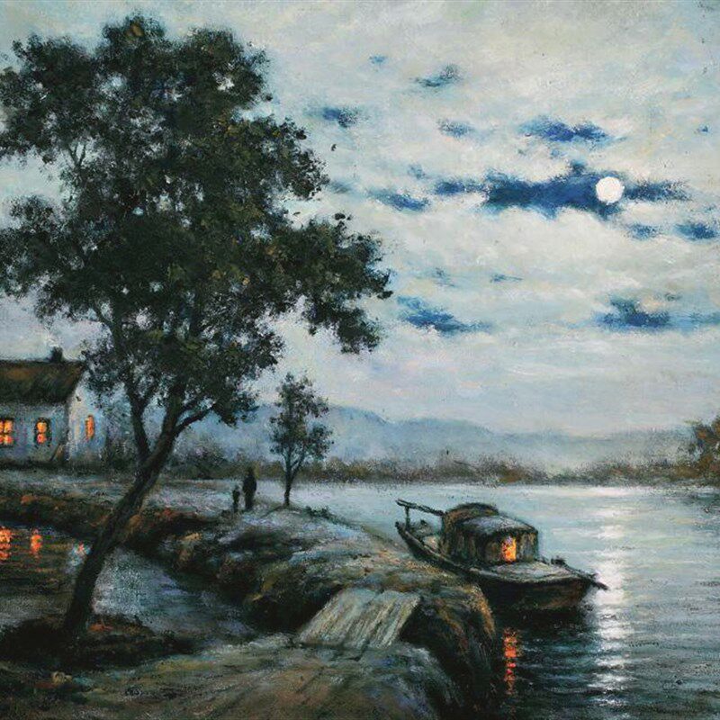 客厅沙发装饰画新中式山水油画颜文梁风景油画载月归手绘复制品