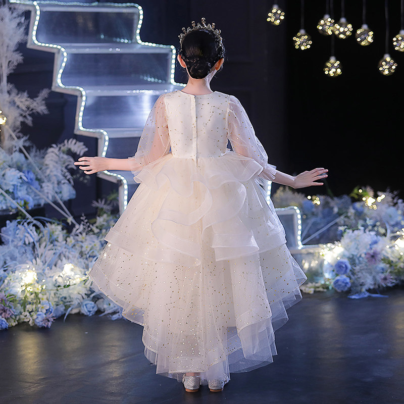 女童主持人礼服公主裙生日长袖小花童婚纱儿童钢琴演出服演奏秋冬