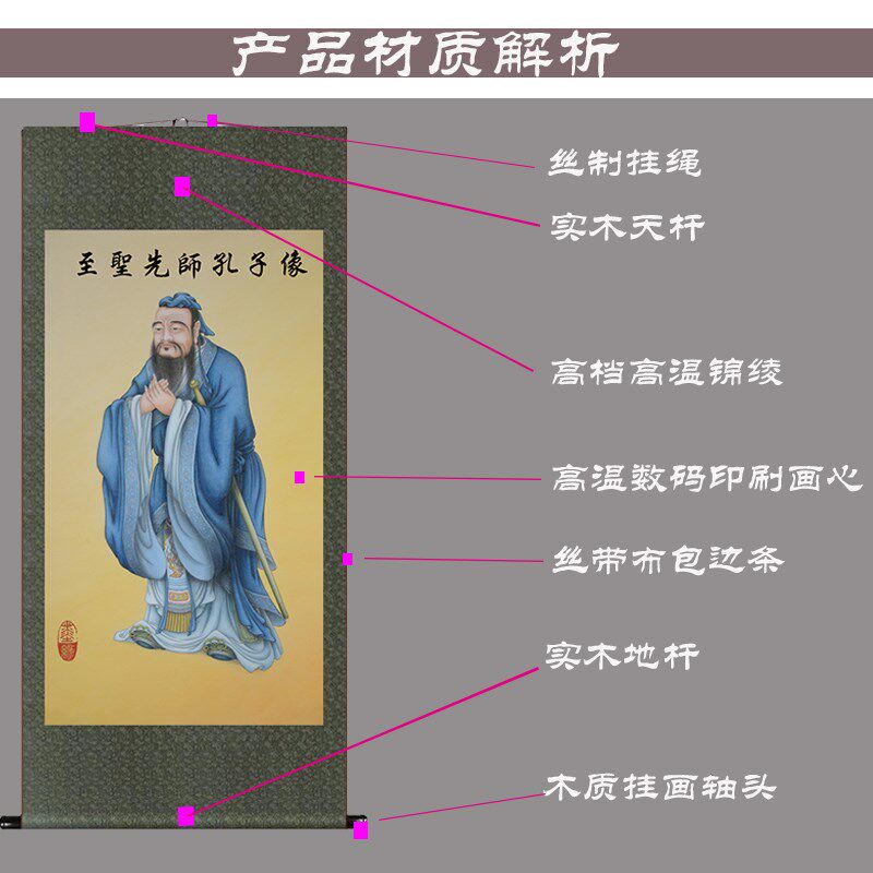 国学馆孔子挂画幼儿园孔圣人丝绸布画幼教书房装饰画至圣孔夫子