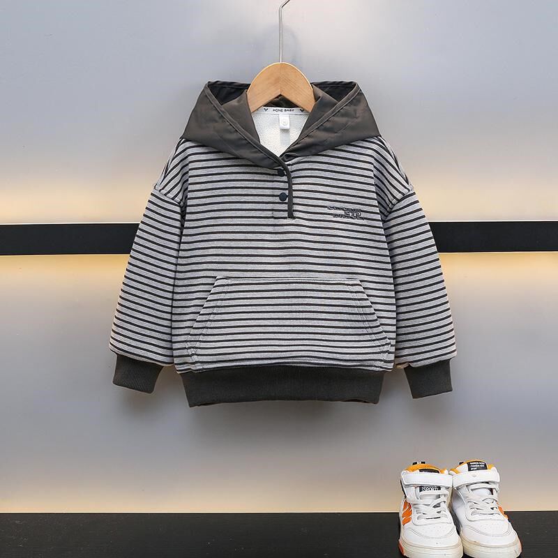 男童条纹卫衣加绒连帽秋冬款2024新款洋气宝宝外套一体绒儿童上衣