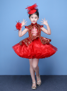 红色表演礼服儿童模特走秀朗诵表演裙女童独唱钢琴幼儿园演出服装