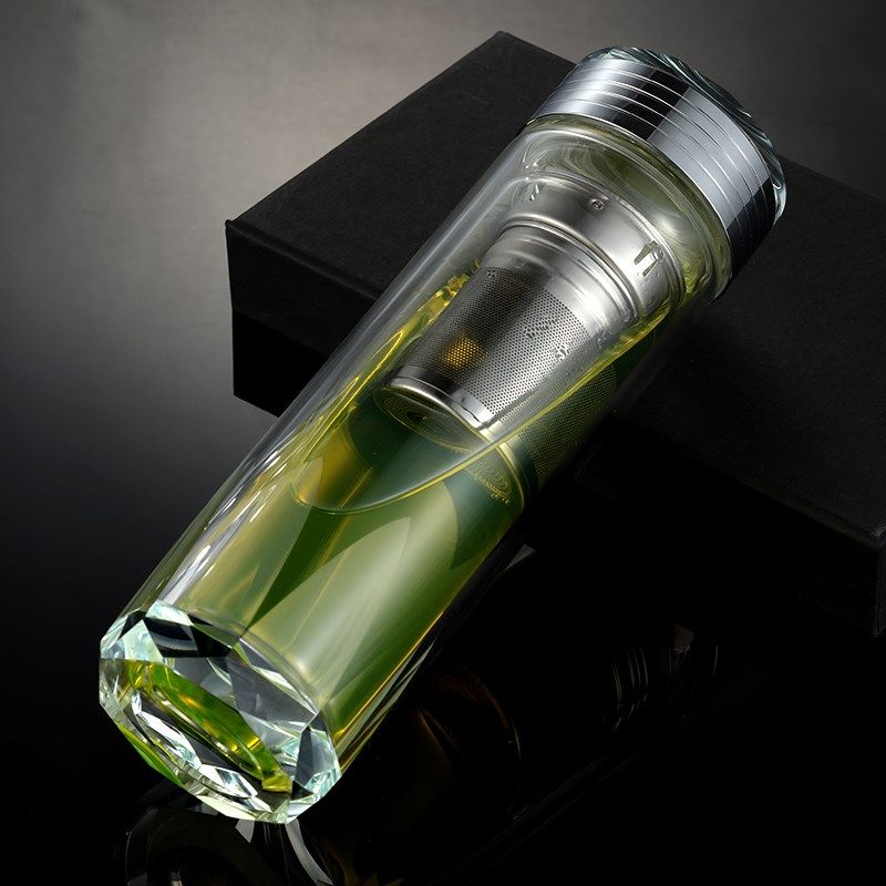 高档水晶双层玻璃水杯男商务车载办公耐高温茶水分离茶杯便携杯子