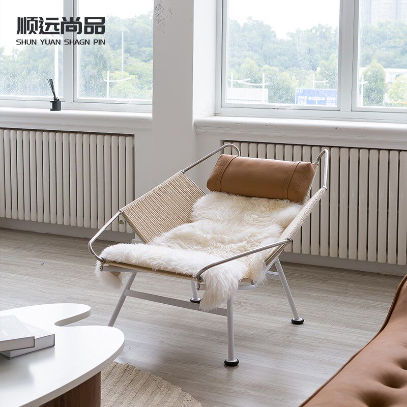 设计师单椅阳台休闲椅中古躺椅侘寂风旗绳椅网红沙发椅编绳坐椅子