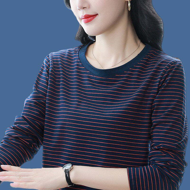 胖mm大码宽松条纹显瘦长袖t恤女中年妈妈秋装内搭纯棉打底衫上衣