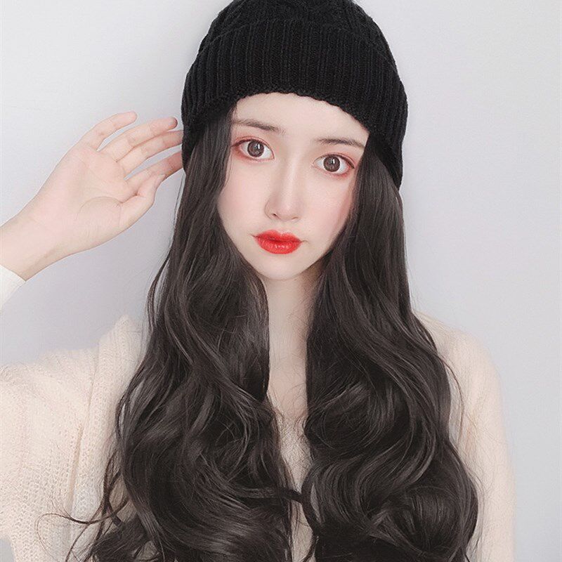 假发女长发自然全头套针织帽子假发一体女冬天时尚接发片真人发丝