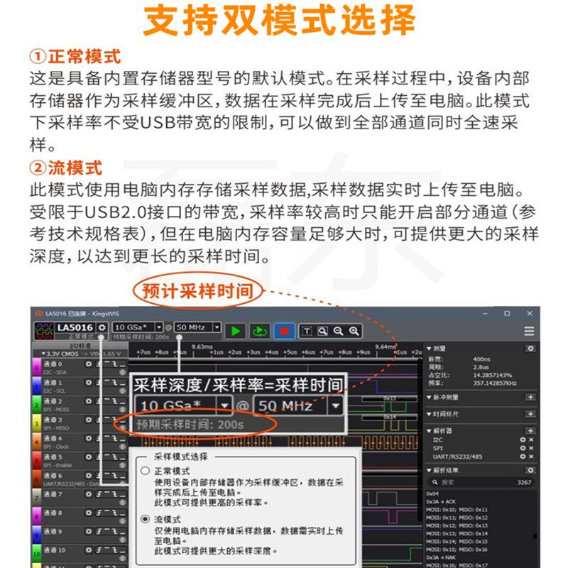 Kingst LA5032 usb逻辑分析仪32路全通道500M采样率支持PWM输出