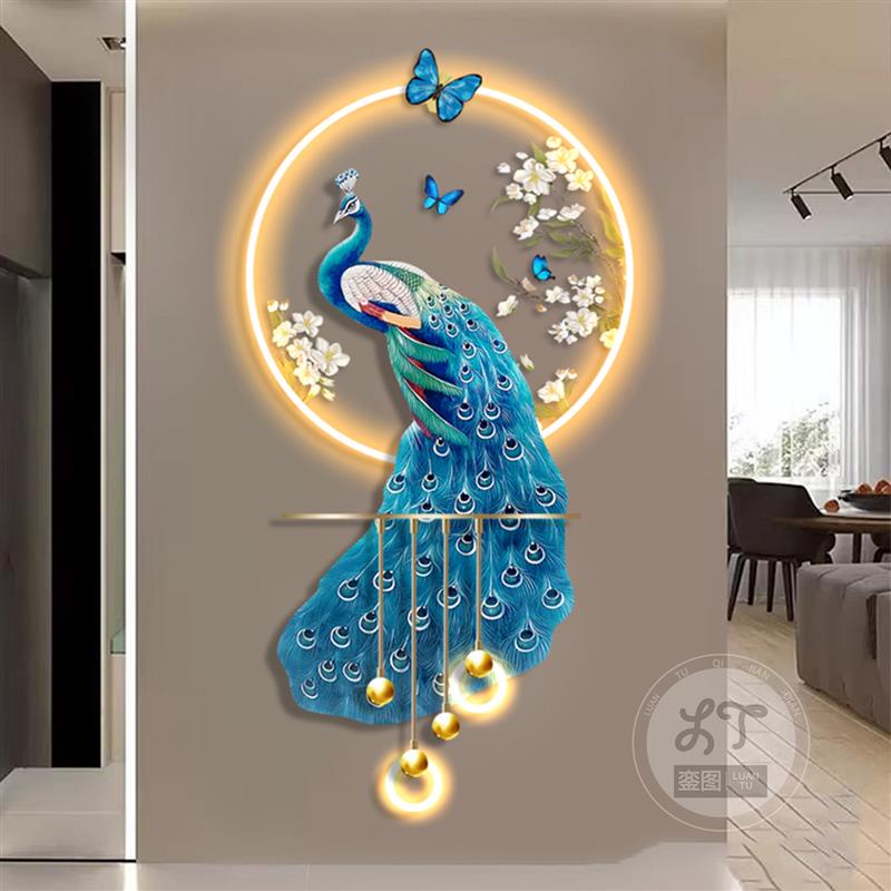 孔雀玄关装饰画高级感立体LED壁灯新中式入户走廊过道挂画2026新