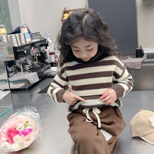 套头毛线衣小女孩条纹打底衫 高领针织衫 女童秋装 儿童毛衣2024新款