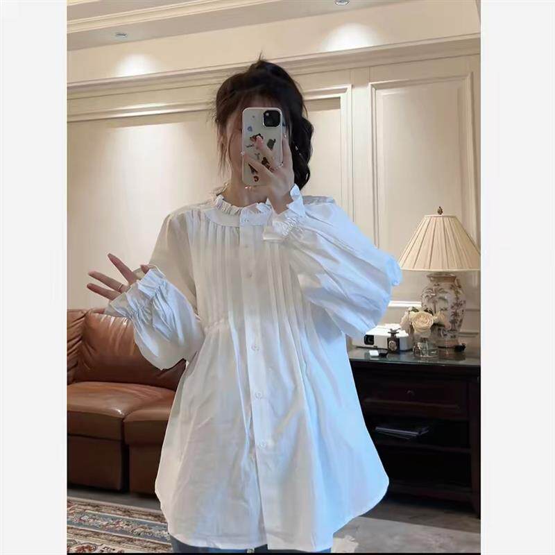 孕妇白色衬衫日系温柔风花边领灯笼袖衬衫女白色气质减龄洋气上衣