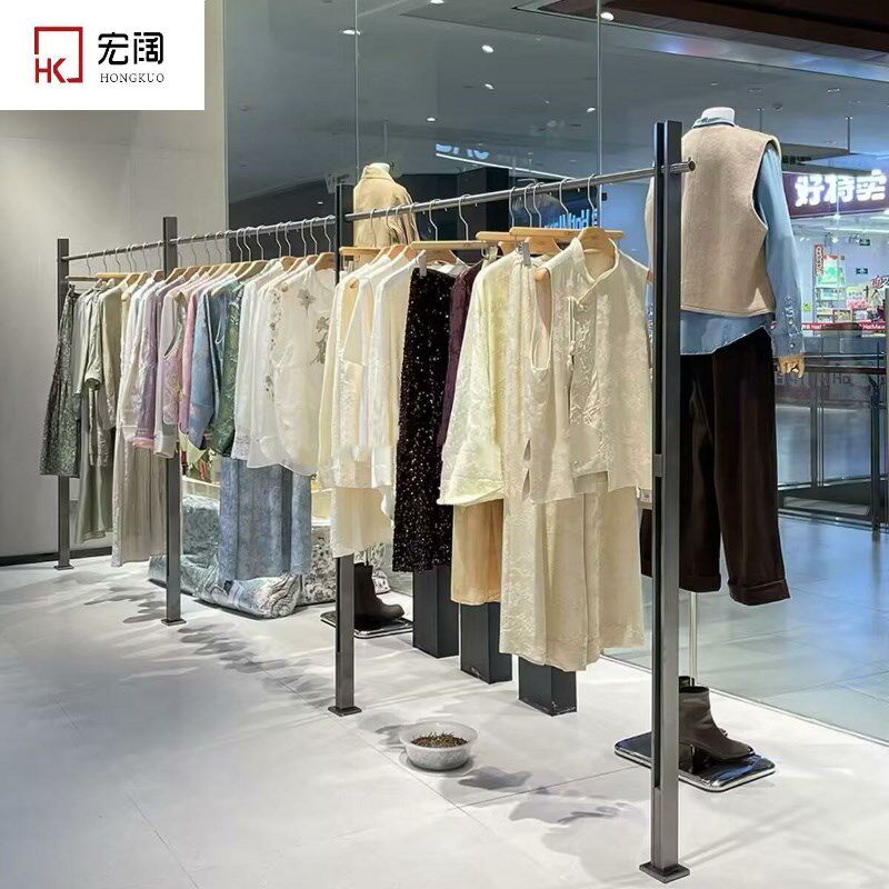 买手店服装店展示架落地不锈钢拉丝挂衣杆衣架女装男装壁挂陈列架