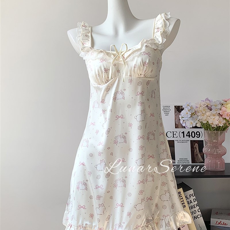 软萌*甜美少女吊带睡裙女带胸垫蛋糕裙蕾丝睡衣套装春秋款家居服