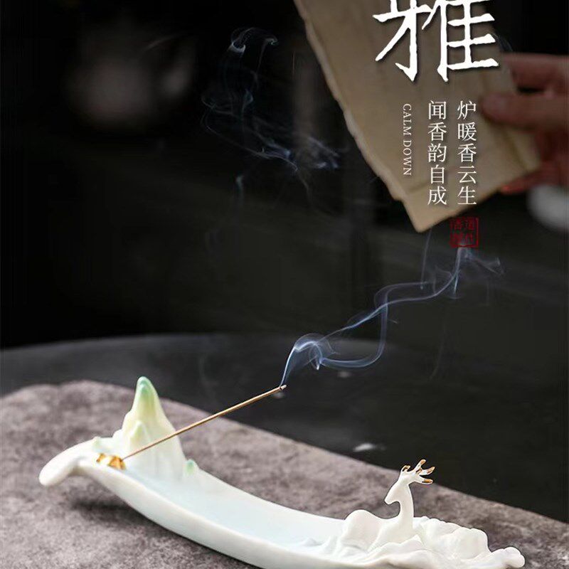 一鹿莲升线香插陶瓷山水福禄双全香座葫芦小鹿檀香炉茶道香插摆件