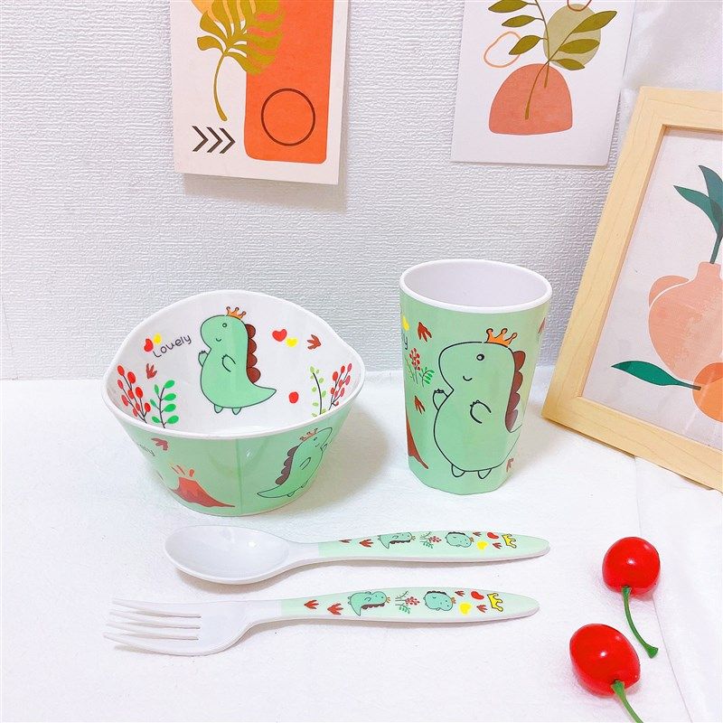 卡通恐龙儿童餐具套装家用分格餐盘宝宝辅食碗水杯勺叉幼儿园饭盘
