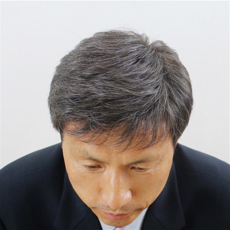 老年男士花白色短直发 真发发套 男式假发 逼真手织头旋 爷爷假发
