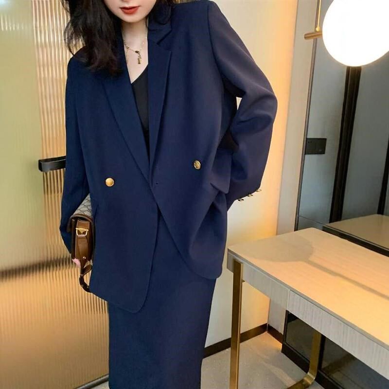 大码宽松气质西装套装女2025春秋胖mm洋气开叉显瘦直筒半裙两件套
