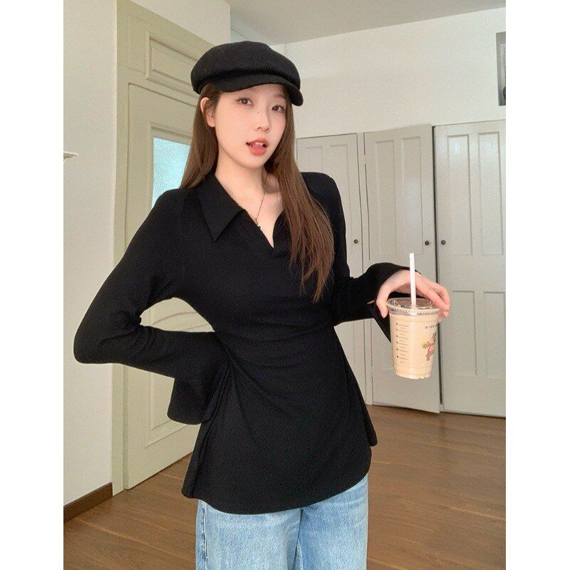 小吉家大码女装春装新款胖mm收腰显瘦v领设计感喇叭袖T恤长袖上衣