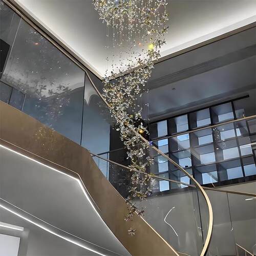 loft复式别墅挑空大厅吊灯楼中楼客厅中空轻奢水晶灯具楼梯长吊灯