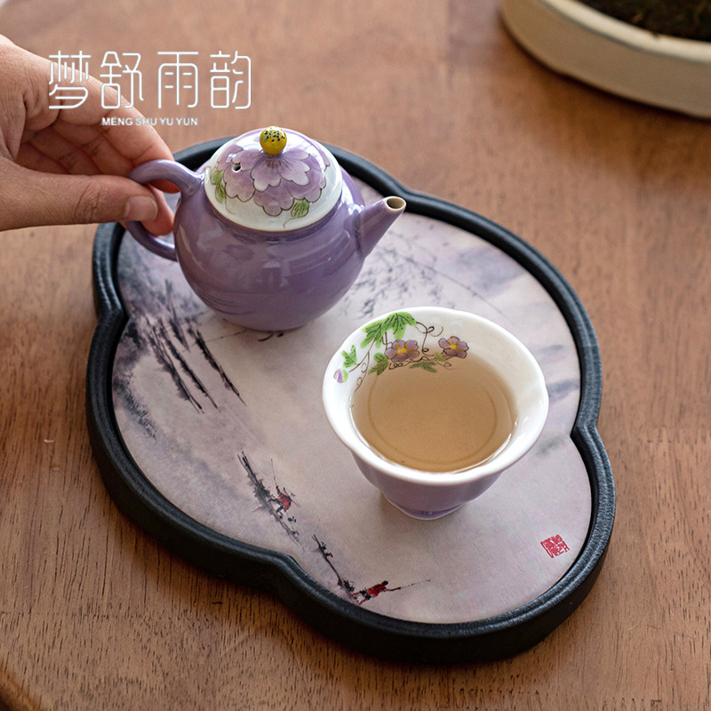 手绘紫色牡丹茶壶一壶一杯家用茶杯组合旅行功夫茶具收纳包套装