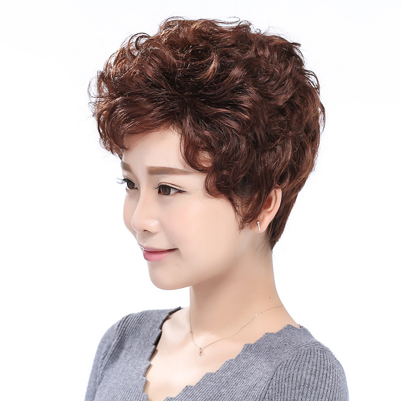 真发假发套女短发自然逼真中老年假发妈妈中年女人短卷发真人发丝