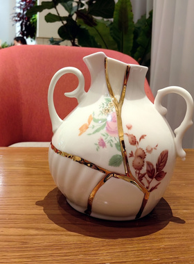 SELE白色拼接金缮陶瓷花瓶24K金中古轻奢餐桌创意礼物插水培花器
