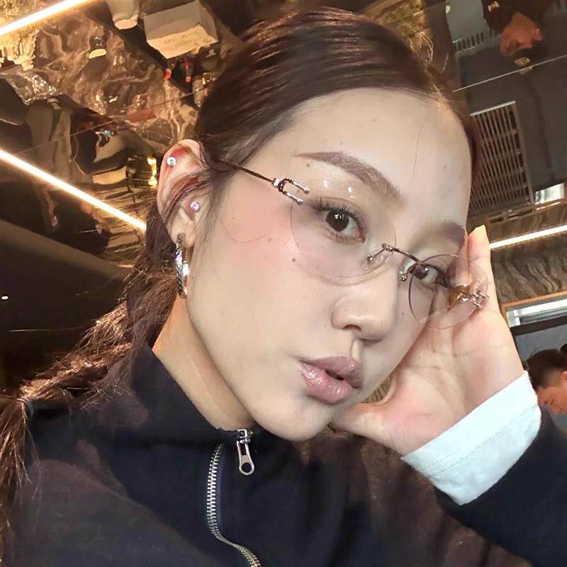 复古无边框金属金丝边猫眼眼镜方圆脸显瘦防蓝光平光镜老钱风女款