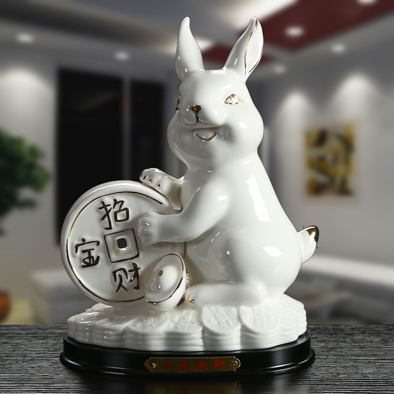 陶瓷12十二生肖兔子摆件瓷器招财镇宅风水白兔工艺品玉兔家装饰品