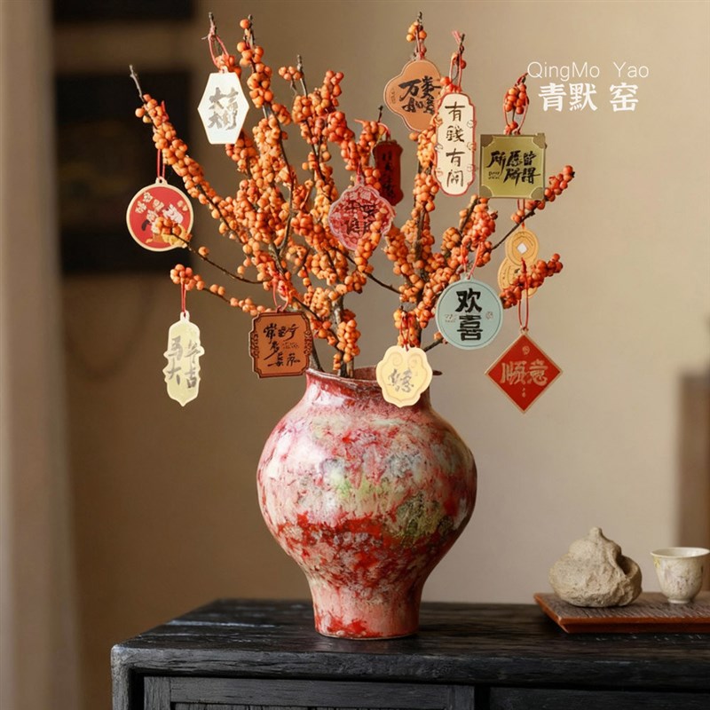 中式花瓶摆件客厅插花创意彩绘红色古典家居饭厅台面装饰陶瓷摆设