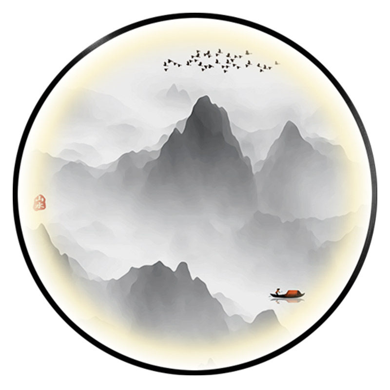 夜光装饰画新中式山水风景餐厅玄关发光轻奢晶瓷画圆形壁画带灯画