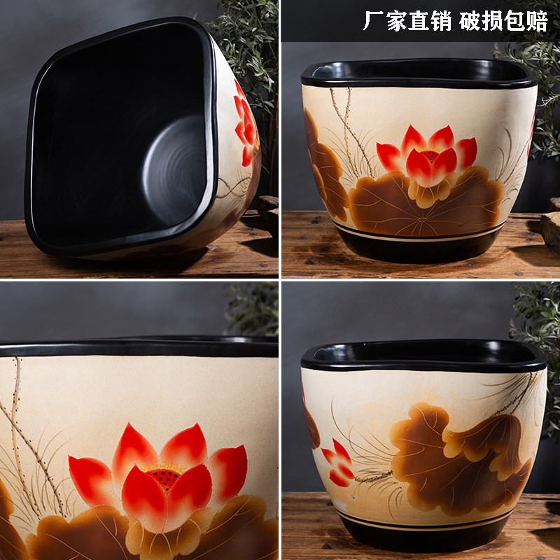 仿古鱼缸大号陶瓷鱼缸客厅落地复古家用造景荷花缸方形粗陶养鱼盆