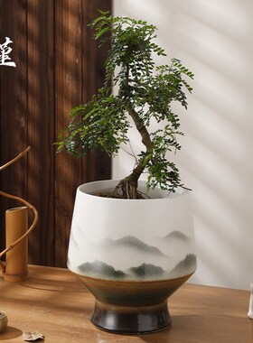 景德镇陶瓷花盆客厅新中式复古山峰花瓶白色流泉枫专用盆景盆高档