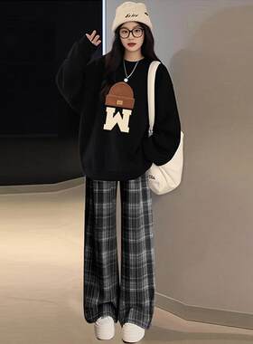孕妇装秋套装2025新款卫衣遮肚显瘦休闲格子裤穿搭高级感秋冬加绒