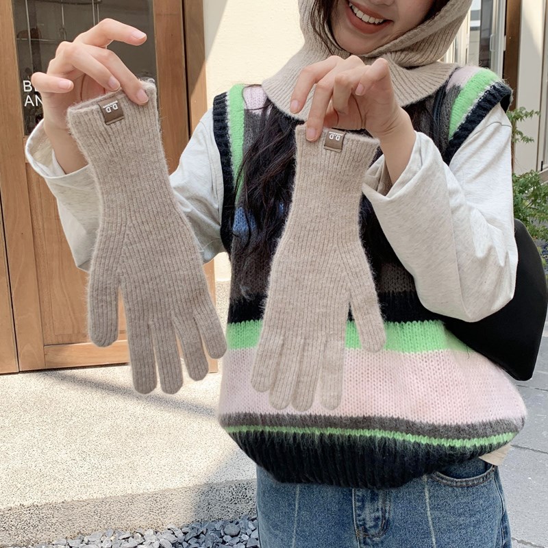纯色针织毛线手套女秋冬季韩版保暖加厚可爱五指触屏露指冬天骑车
