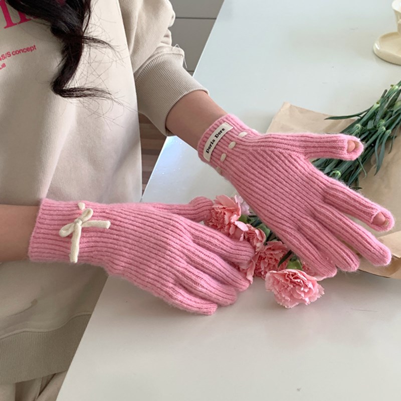 针织手套女冬季新款可爱触屏加厚保暖防寒骑行分指蝴蝶结毛线手套