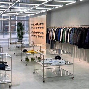 服装店流水台不锈钢拉丝玻璃展示架移动桌子精品货架陈列架鞋包架