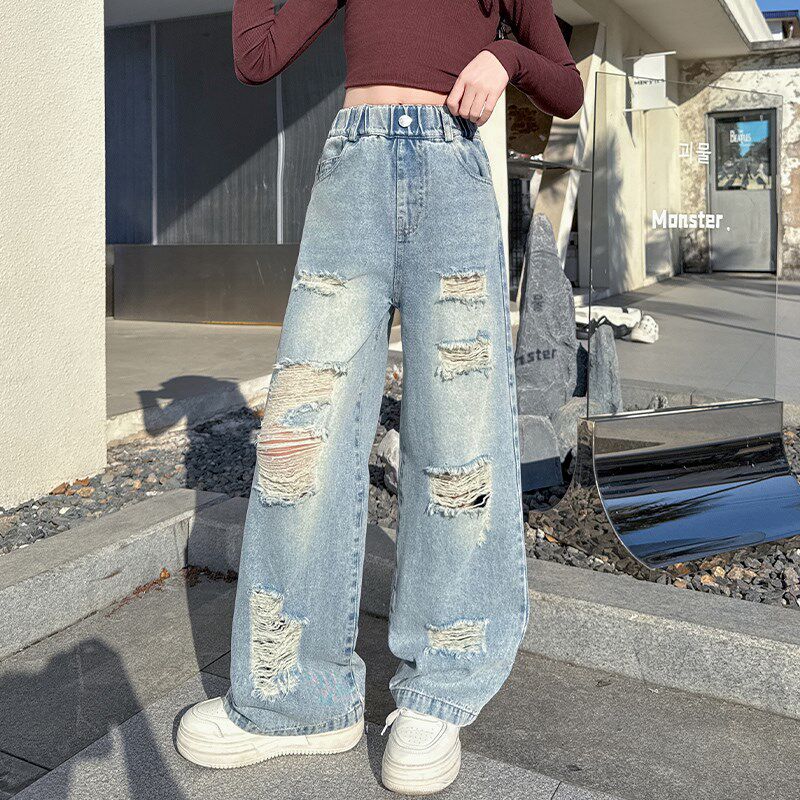 女童牛仔裤春秋款2025新款儿童破洞阔腿裤春季初中生女孩直筒裤子