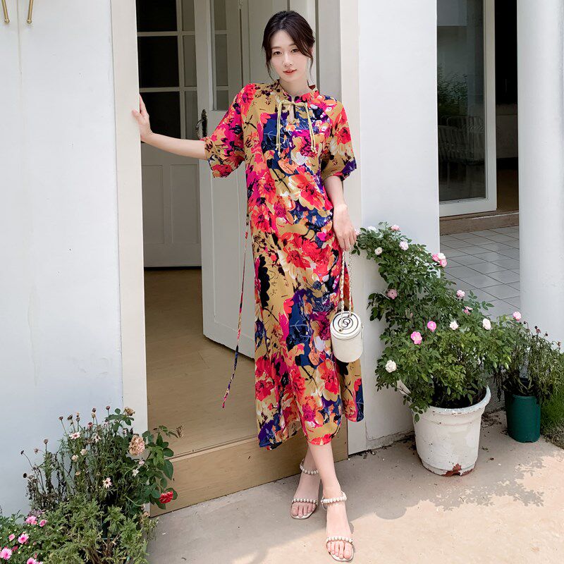 夏季宽松棉绸连衣裙女士新款年青妈妈复古风立领短袖显瘦中长裙子