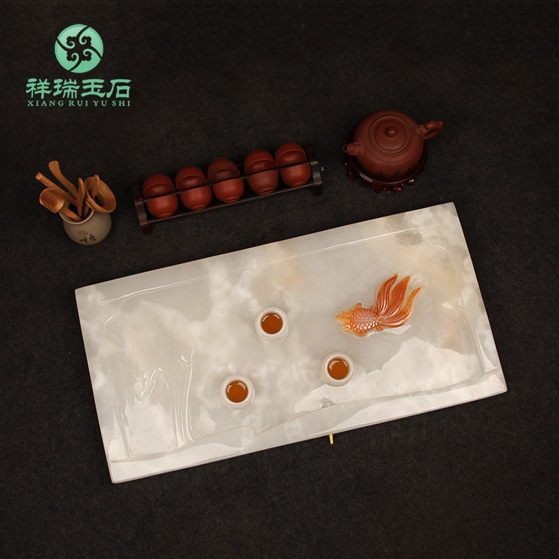 天然玉石茶盘大号客厅办公室茶海家用简约长方形排水茶台功夫茶具