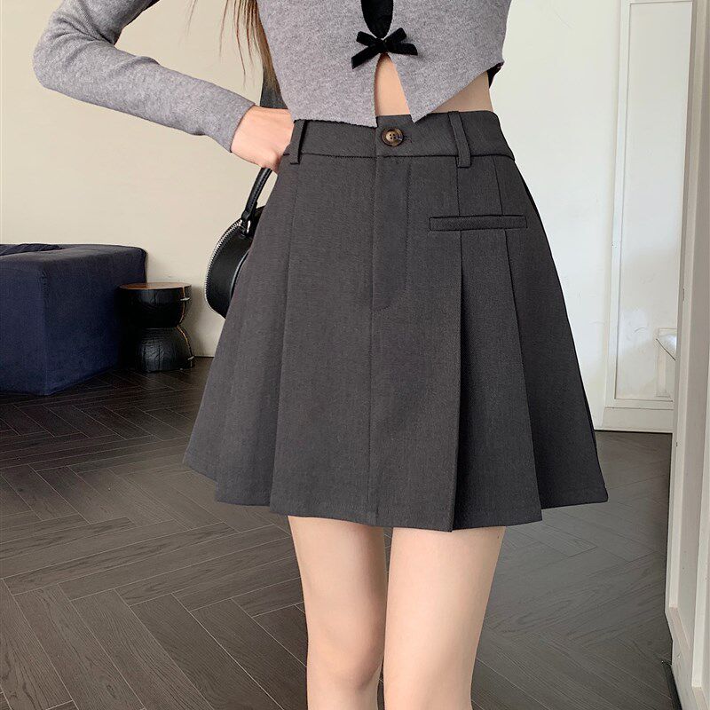 百褶短裙女秋冬季新款高腰显瘦大码胖mm灰色西装a字学院风半身裙