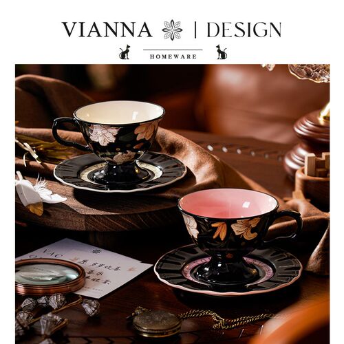 VIANNA丨复古EWIO法式花卉陶瓷咖啡杯碟家用拿铁下午茶杯水杯子