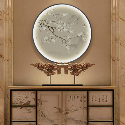 圆形花鸟发光装饰画客厅玄关走廊茶室背景墙画新中式led带灯壁画